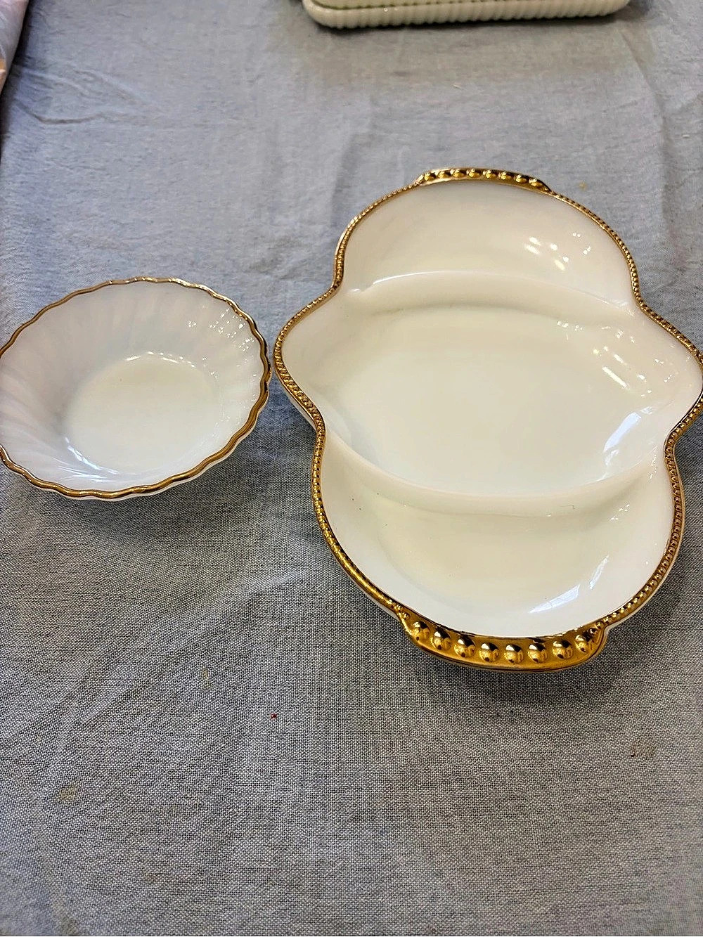Anchor Hocking Milk Glass Golden Anniversary divided serving dish and bowl set